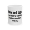 10914206689375101968_2048.jpeg Ham and Eggs Funny Quote Ceramic Mug — “Ham and Eggs - A day's work for a chicken, a lifetime commitment for a pig.” (11oz/15oz)