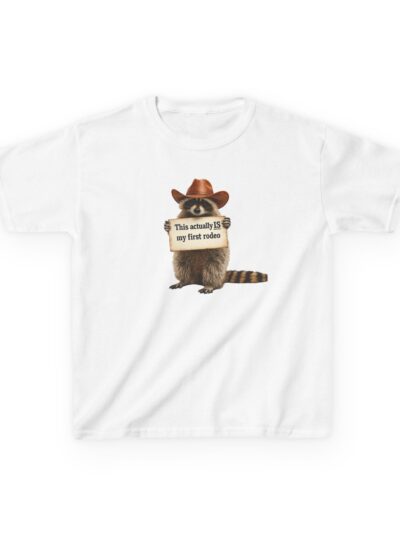 Kids Raccoon Tee "This Actually Is My First Rodeo" – Funny Western Children's T-Shirt