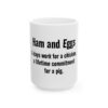 13185577490812925819_2048.jpeg Ham and Eggs Funny Quote Ceramic Mug — “Ham and Eggs - A day's work for a chicken, a lifetime commitment for a pig.” (11oz/15oz)