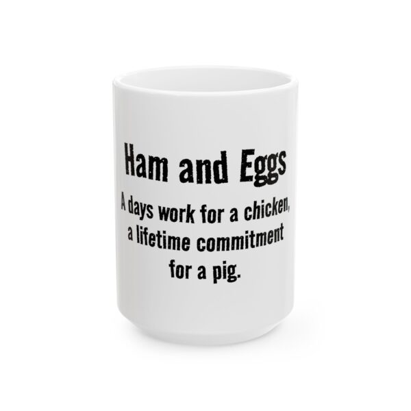 13185577490812925819_2048.jpeg Ham and Eggs Funny Quote Ceramic Mug — “Ham and Eggs - A day's work for a chicken, a lifetime commitment for a pig.” (11oz/15oz)