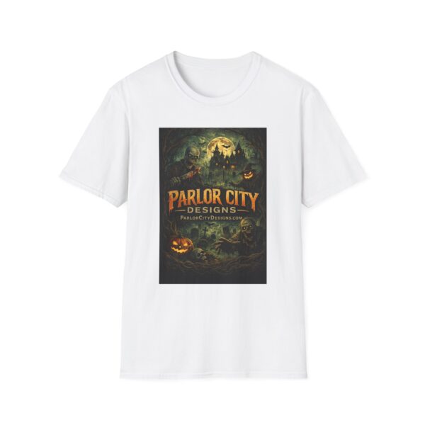 15253910627694219387_2048.jpeg Halloween Parlor City Graphic T‑Shirt — Spooky Haunted Castle Design