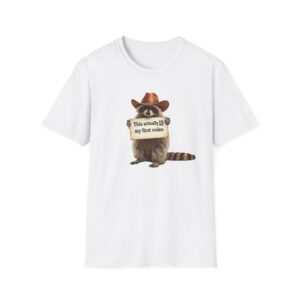 Raccoon Rodeo T‑Shirt — "This actually IS my first rodeo" Cute Western Graphic Tee