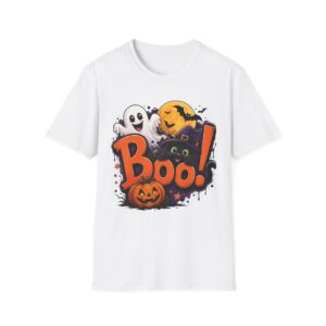 17074907393533883760_2048.jpeg Halloween 'Boo!' T-Shirt — Cute Ghost, Black Cat & Pumpkin Graphic Tee