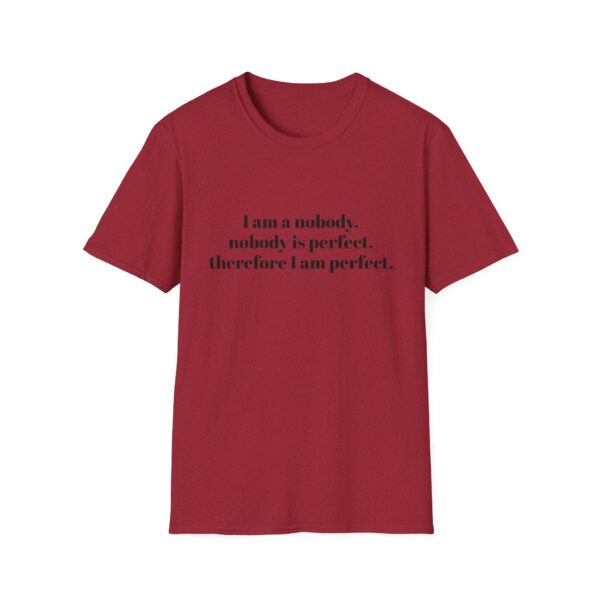 17111754972948273616_2048.jpeg I am a nobody, nobody is perfect... T-Shirt — Funny Self-Contradictory Quote Tee