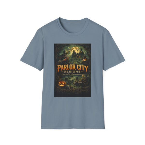 17126461079310565915_2048.jpeg Halloween Parlor City Graphic T‑Shirt — Spooky Haunted Castle Design