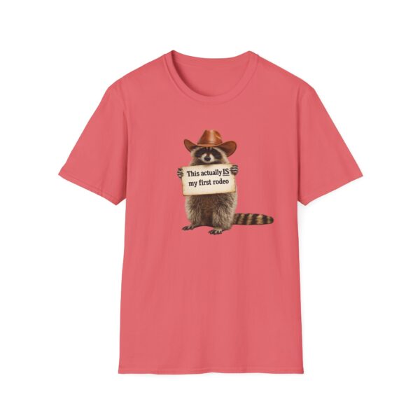 17493795385423987700_2048.jpeg Raccoon Rodeo T‑Shirt — "This actually IS my first rodeo" Cute Western Graphic Tee