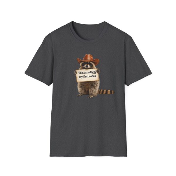 2652188776827000177_2048.jpeg Raccoon Rodeo T‑Shirt — "This actually IS my first rodeo" Cute Western Graphic Tee