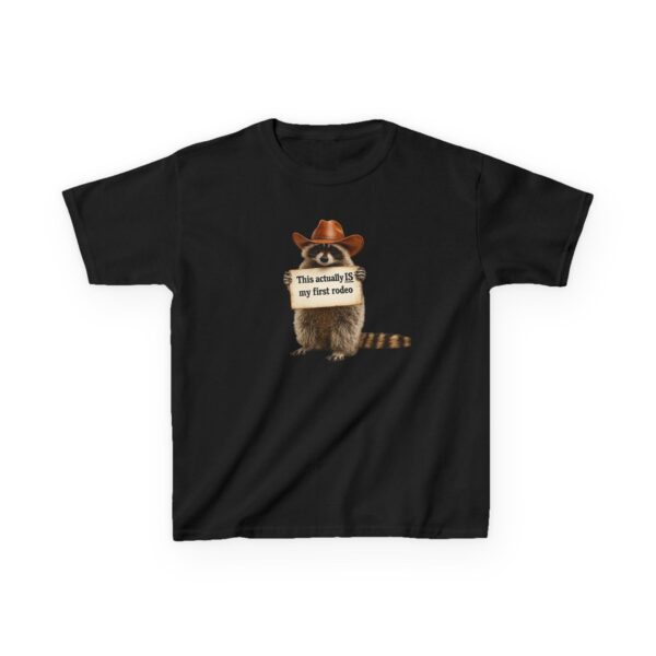 4138561159979801144_2048.jpeg Kids Raccoon Tee "This Actually Is My First Rodeo" – Funny Western Children's T-Shirt