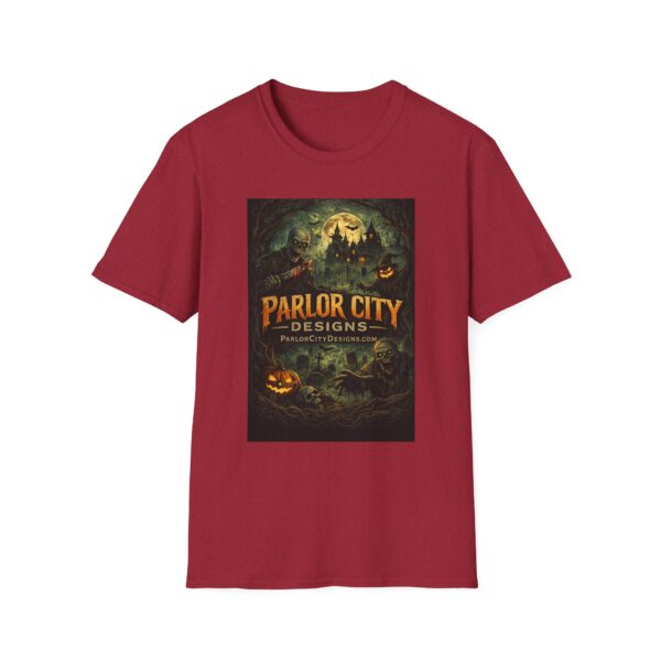 792755495473356510_2048.jpeg Halloween Parlor City Graphic T‑Shirt — Spooky Haunted Castle Design