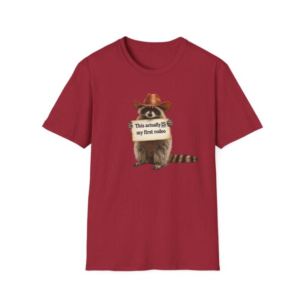 8449857431402669488_2048.jpeg Raccoon Rodeo T‑Shirt — "This actually IS my first rodeo" Cute Western Graphic Tee
