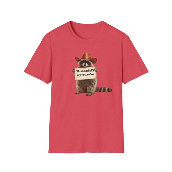 8972064960309711568_2048.jpeg Raccoon Rodeo T‑Shirt — "This actually IS my first rodeo" Cute Western Graphic Tee