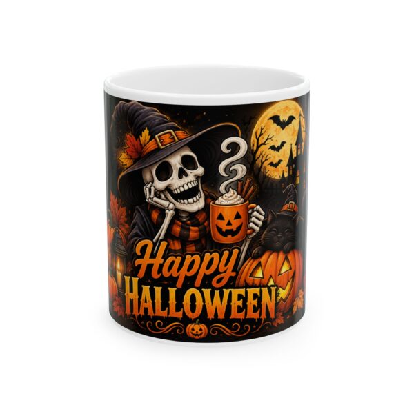 Halloween Skull Pumpkin Ceramic Mug — "Happy Halloween" Spooky Hot Cocoa Cup (11oz, 15oz)