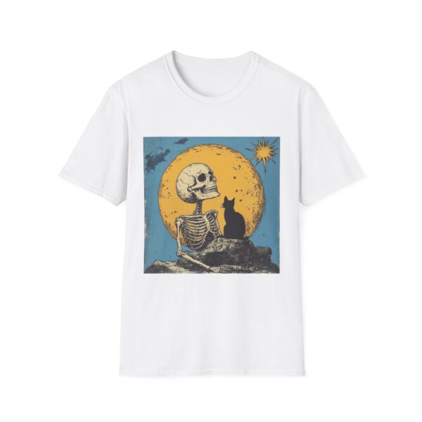 Skeleton & Cat Moon Graphic T‑Shirt — Vintage Sunset Skull Design