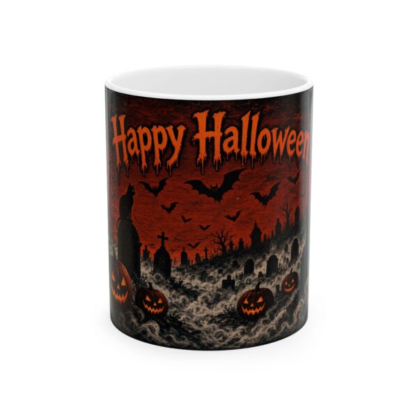 Halloween Ceramic Mug — "Happy Halloween" Pumpkin & Graveyard Spooky Coffee Cup (11oz, 15oz)