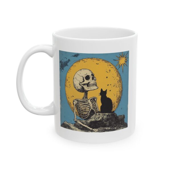 Vintage Halloween Skeleton Cat Mug – Retro Skull & Black Cat Coffee Mug – Spooky Gothic Fall Cup (11oz, 15oz)