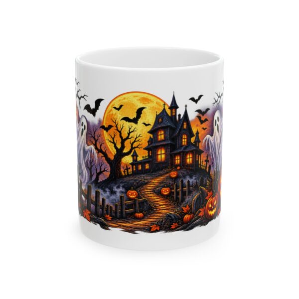 Halloween Haunted House Ceramic Mug — Spooky Ghosts, Jack-o'-Lanterns & Full Moon (11oz, 15oz)