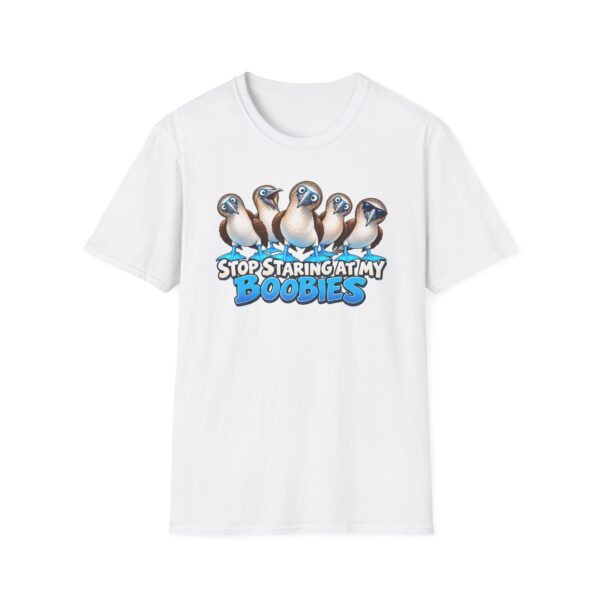 Stop Staring at My Boobies T-Shirt — Funny Blue-Footed Booby Bird Tee