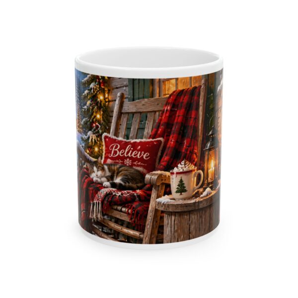 Cozy Christmas Mug – Merry Christmas Cabin Scene Coffee Mug, Winter Holiday Cat & Cocoa Design (11oz, 15oz)